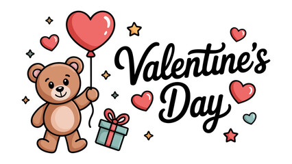 Valentine's Day Teddy Bear: A charming illustration featuring a teddy bear holding a heart-shaped balloon, surrounded by hearts and a gift box, celebrating Valentine's Day.