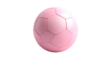 A 3D render of a pink soccer ball floating in mid-air. It is constructed of pentagonal and hexagonal panels