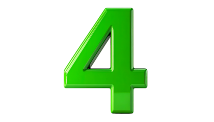 A 3D render of the number four is centered against a black background. The number has a glossy, green finish with a slight shine