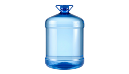 An isolated translucent blue jug, typically used for water storage. The container has a sturdy handle and a rounded base