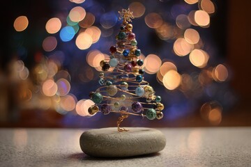 A Christmas tree made of beads and wire is sitting on a rock
