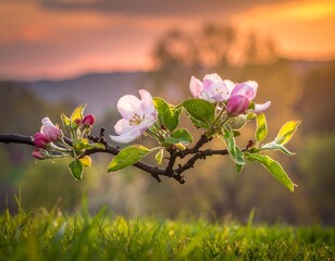 Close-up of a flowering branch with pink and white blossoms, highlighted by a golden sunset. Dew-kissed grass in the foreground