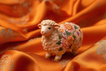 A sheep with flowers on it is sitting on a piece of orange fabric
