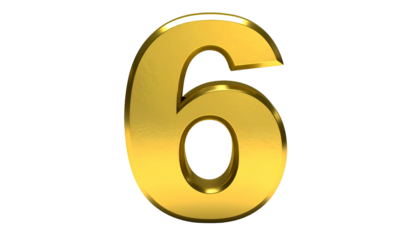 A 3D rendered, shiny gold numeral six is isolated against a black background. The number appears volumetric