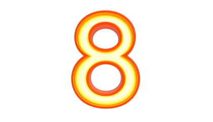 Digit "8" rendered with glowing, layered hues of orange and yellow, set against a stark, black background. The shape is bold and eye-catching