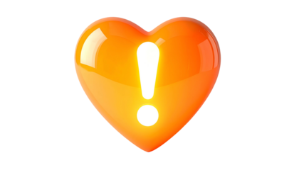 Glossy, three-dimensional heart shape with a bright, illuminated exclamation mark. The heart is a warm orange color against a stark black background