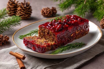Delicious christmas fruitcake with cranberry glaze and rosemary garnish