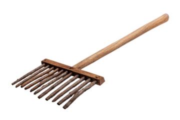 Rustic wooden rake with natural twig tines on black background garden tool, Png, Isolated on Transparent Background, Cut Out