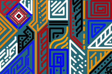 Colorful tribal geometric pattern, bold angular shapes, ethnic abstract design, vibrant blue green yellow red colors, modern folk art style, seamless textile pattern, flat vector illustration.