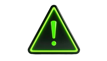 Illuminated, three-sided symbol with a rounded green outline and a matching exclamation point in the center, set on black