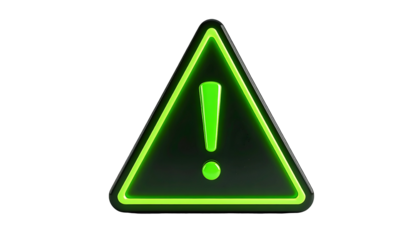 Illuminated, three-sided symbol with a rounded green outline and a matching exclamation point in the center, set on black