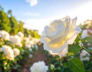 Close-up of a radiant white rose in a sun-drenched garden, with other blooms slightly blurred in the background, under a bright blue sky