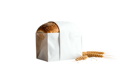A freshly baked round loaf of bread with seeds is partially in a folded white paper bag, next to golden wheat