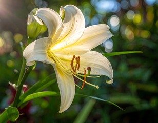 Close-up of a radiant white flower with delicate petals, illuminated by sunlight. Green foliage provides a soft background