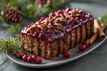 Festive holiday fruitcake with cranberry glaze and pecans, decorated for christmas