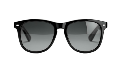 A frontal perspective displays a pair of black eyewear, showcasing lenses with gradient shading. The glasses have a modern design