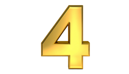 A golden, three-dimensional number four is isolated against a black background. The numeral has beveled edges and a glossy finish