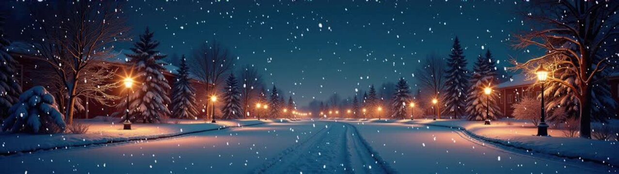 Snowy road with street lights and trees in the background