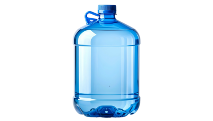 Large, transparent blue water container with a handle and dark background. The container is full