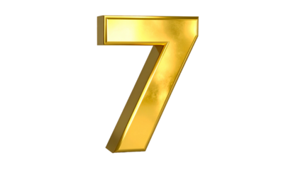 A large, glossy golden number seven stands out against a stark black background, emphasizing its prominent form