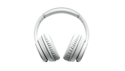 Overhead audio device, bright white with cushioned earcups and a connecting band, presented on a black backdrop