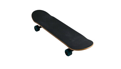 Overhead shot of a traditional skateboard with a black deck and turquoise wheels against a stark black backdrop. The deck is worn