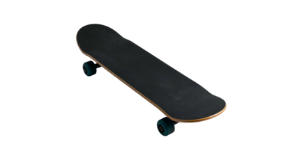 Overhead shot of a traditional skateboard with a black deck and turquoise wheels against a stark black backdrop. The deck is worn