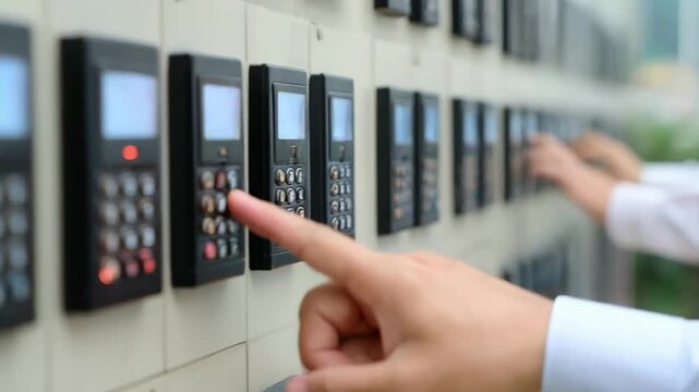 Engineer programming a keypad access control panel setting up a codebased entry system for secure building management.