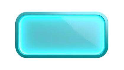 A luminous, rectangular graphic element with rounded corners and a glossy, transparent surface. Edges glow a soft turquoise
