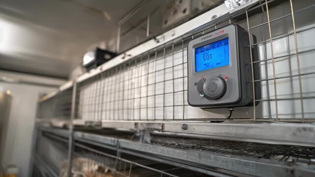 Medium shot of a climatecontrolled shed with a temperature monitor showing steady heat levels perfect for sensitive equipment storage.