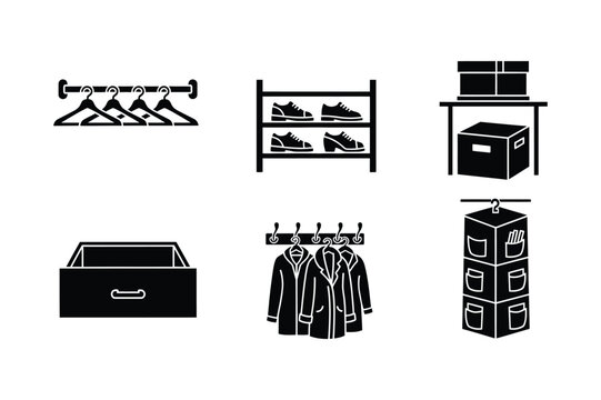 Home closet and wardrobe organization vector icons