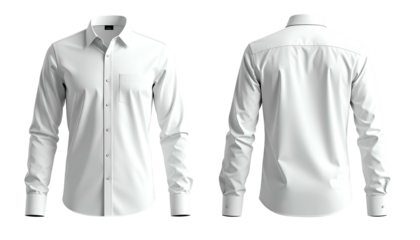 Front and back views of a plain white button-down shirt, long-sleeved, with a pocket