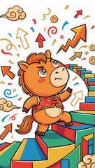 Cartoon Horse Climbing Colorful Steps