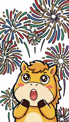 Surprised Cartoon Horse with Fireworks