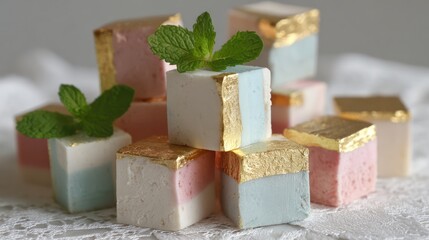 Elegant square marshmallows in pink, blue, and white with gold leaf and mint