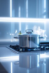 A shiny silver pot sits on a stove burner