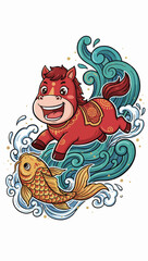 Cartoon Horse and Koi Fish Illustration