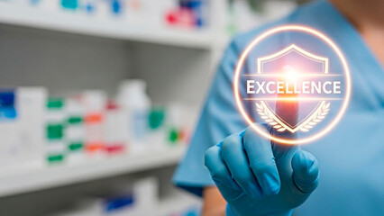 A medical professional pointing to the concept of excellence and healthcare.