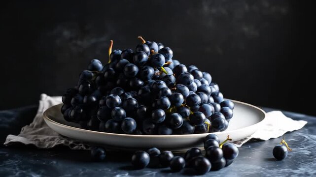 A cluster of ripe, dark purple grapes artfully arranged on a plate with a dark background.