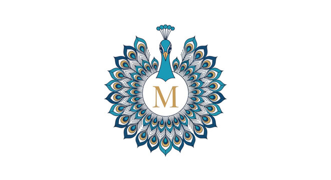 Elegant peacock emblem design with an 'M' lettermark, ideal for branding or decorative purposes