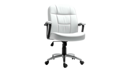 A pristine white office chair with a leather-like appearance, a chrome base, adjustable height, and armrests. Its design is for comfortable seating