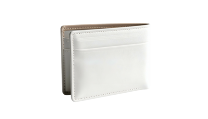 A pristine white leather wallet, partially open, revealing a lighter interior and card slots. Well-lit on a black background