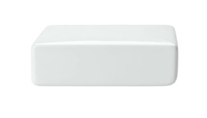 A pristine white rectangular object with rounded corners and a slightly angled front. It is isolated on a stark black background