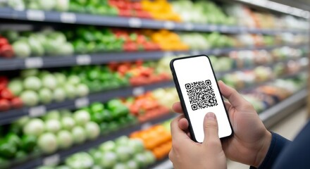Person scanning qr code on smartphone in supermarket produce aisle