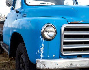 Close-up of a vibrant blue vintage truck, showcasing the front with the headlight, grill, and aged paint