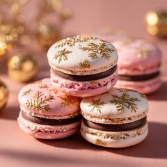 Festive macarons with golden snowflakes, sweet dessert for holiday celebration