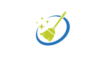 Creative logo for a cleaning service featuring a broom with stars and circular swoosh for visual