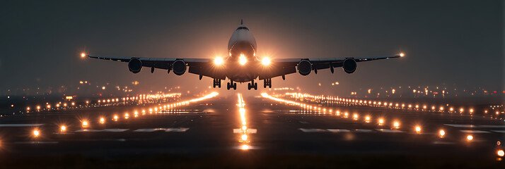 Commercial Airplane Taking Off from Illuminated Runway at Night with Dramatic Landing Lights, Aviation Travel Photography
