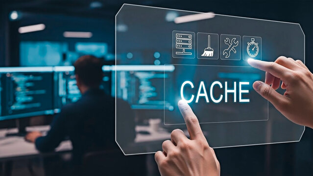Data cache management concept with hands pressing on virtual screen.