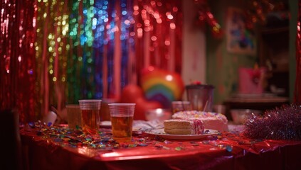 A table with a cake and cups of tea